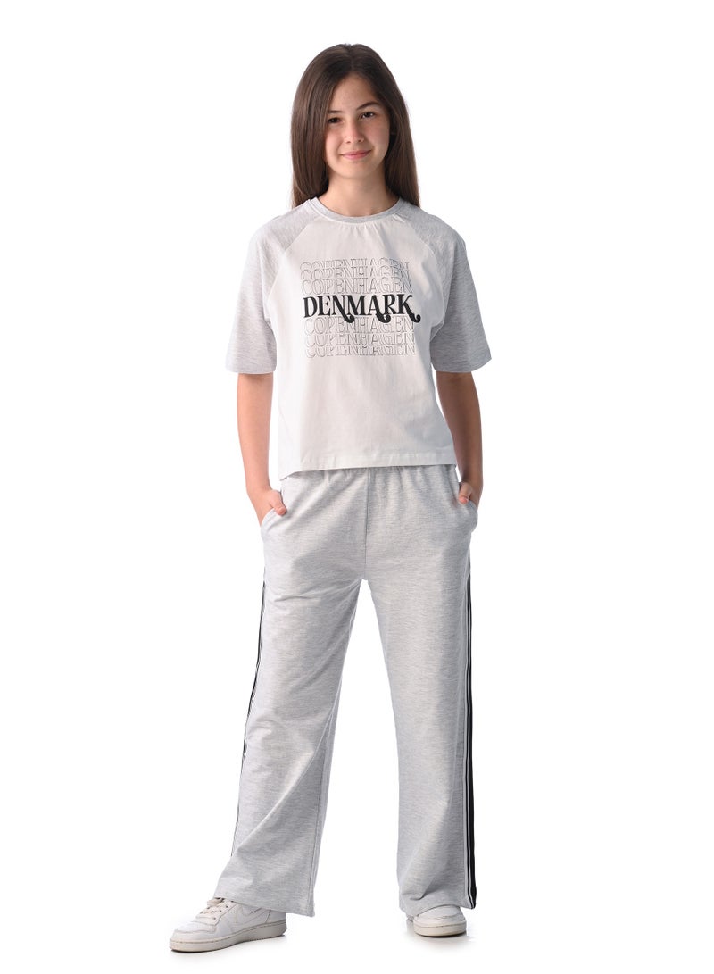 فكتور اند جين طقم بناتي قطعتين - بلوزة مزينة مع بنطال مستقيم مطابق - Image 1