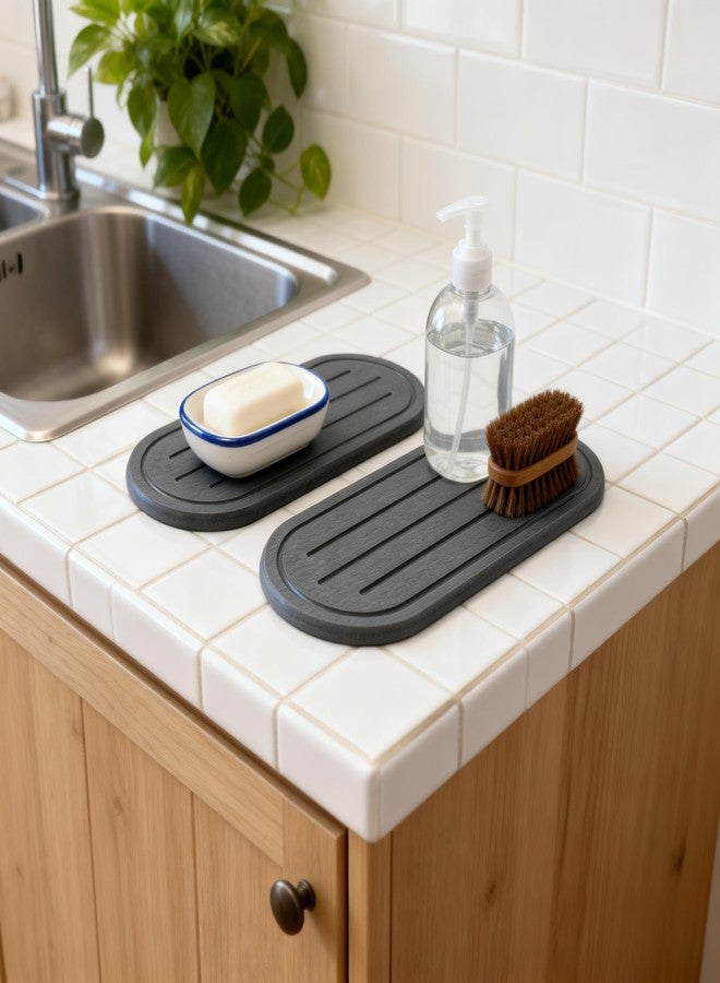 Razborci 2PCS Water Absorbing Stone Drying Tray Mat for Bathroom Sink & Kitchen Counter Faucet Organizer Decor, Quick Dry Dish Soap Dispenser Sponge Holder, Vanity Caddy Coaster,Dark Gray -10"*3.8" - Image 2