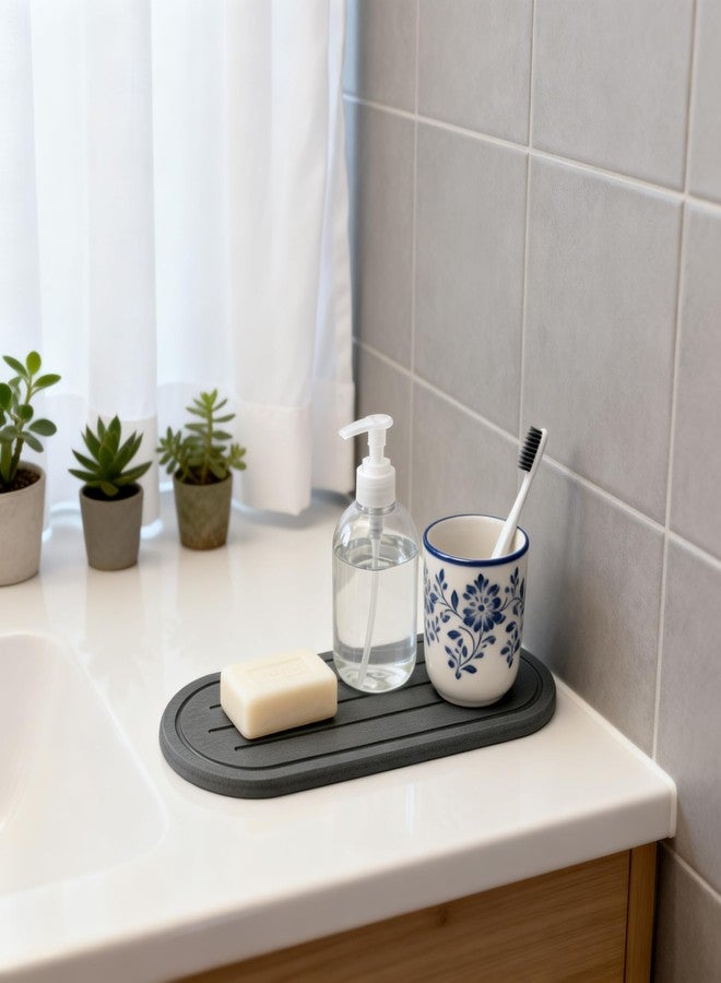 Razborci 2PCS Water Absorbing Stone Drying Tray Mat for Bathroom Sink & Kitchen Counter Faucet Organizer Decor, Quick Dry Dish Soap Dispenser Sponge Holder, Vanity Caddy Coaster,Dark Gray -10"*3.8" - Image 3