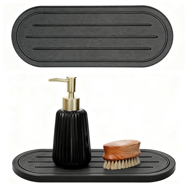 Razborci 2PCS Water Absorbing Stone Drying Tray Mat for Bathroom Sink & Kitchen Counter Faucet Organizer Decor, Quick Dry Dish Soap Dispenser Sponge Holder, Vanity Caddy Coaster,Dark Gray -10"*3.8" - Image 1