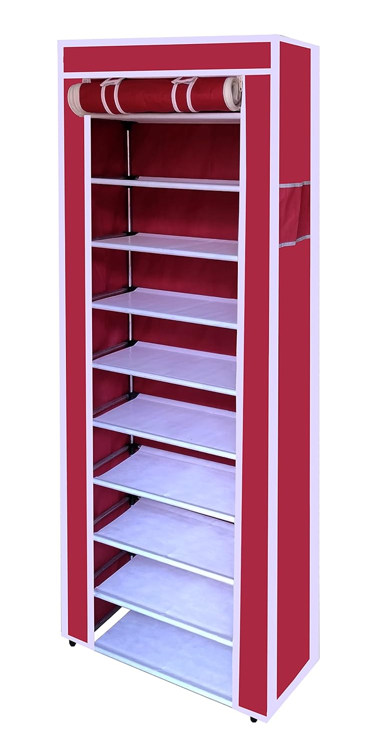 Whitecloud TRANSFORMING HOMES Whitecloud TRANSFORMING HOMES Collapsible Portable Foldable Wardrobe Storage Shelves Organizer for Clothes Racks Fabric Almirah Non Rustable Iron 10 Layer Maroon Storage Unit  - Image 2
