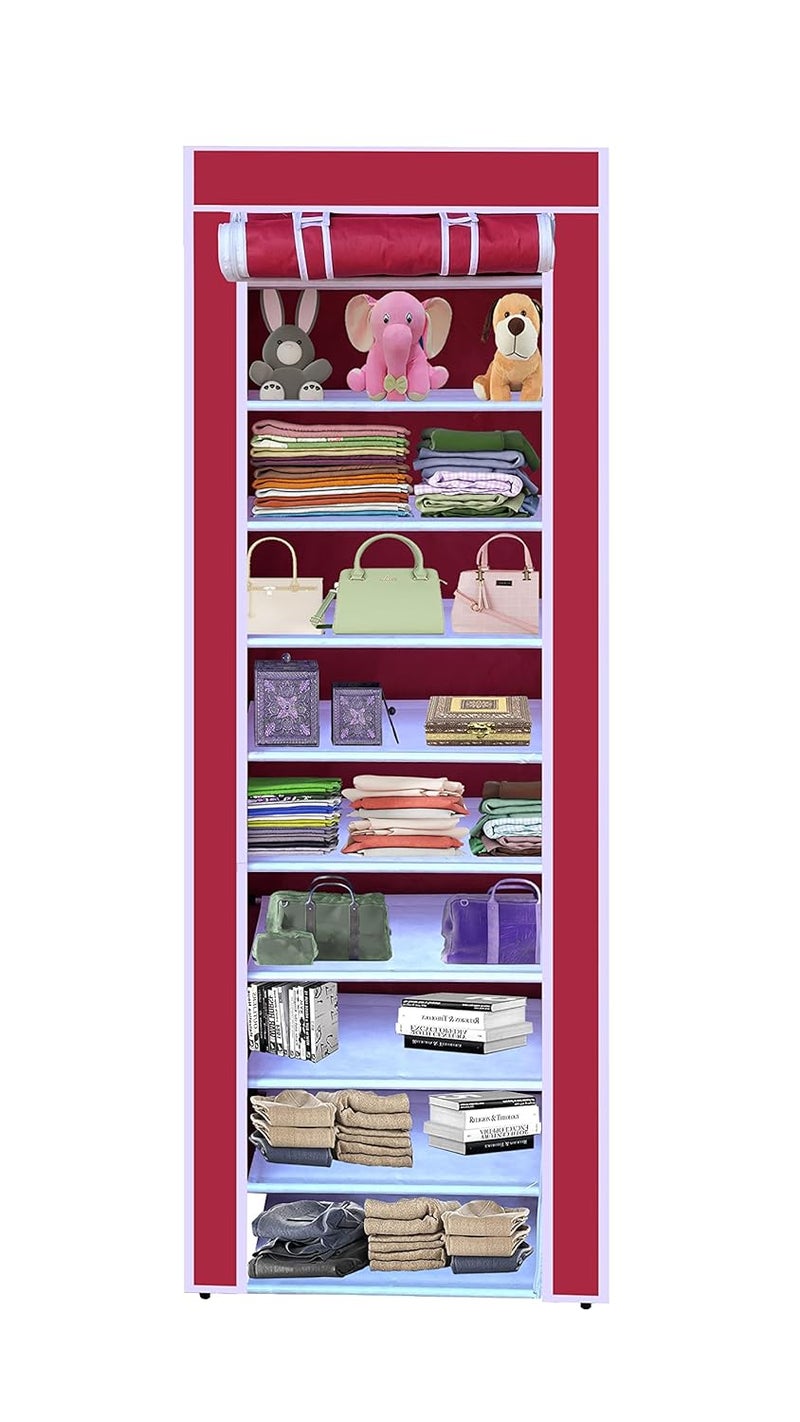 Whitecloud TRANSFORMING HOMES Whitecloud TRANSFORMING HOMES Collapsible Portable Foldable Wardrobe Storage Shelves Organizer for Clothes Racks Fabric Almirah Non Rustable Iron 10 Layer Maroon Storage Unit  - Image 1