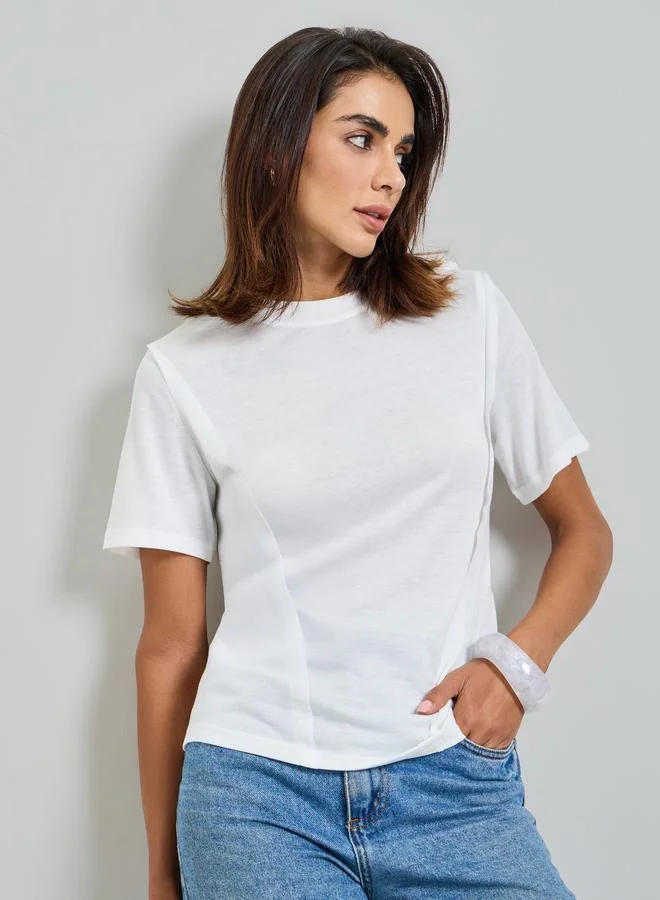 White Round Neck Cut and Sew Panel T-Shirt