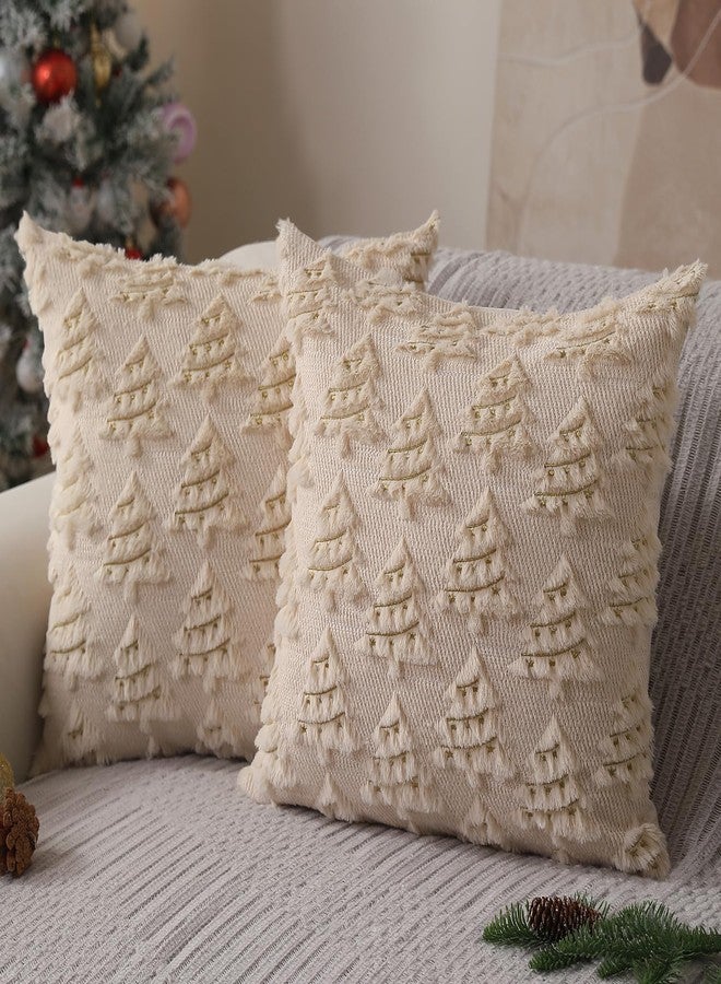 Allorry Christmas Pillow Covers 18x18 inch Set of 2 Soft Plush Faux Fur Christmas Decor Beige Xmax Tree Yellow Colored Lights Decoration Throw Pillow Case for Winter Holiday Sofa Living Room PT003C18 - Image 1