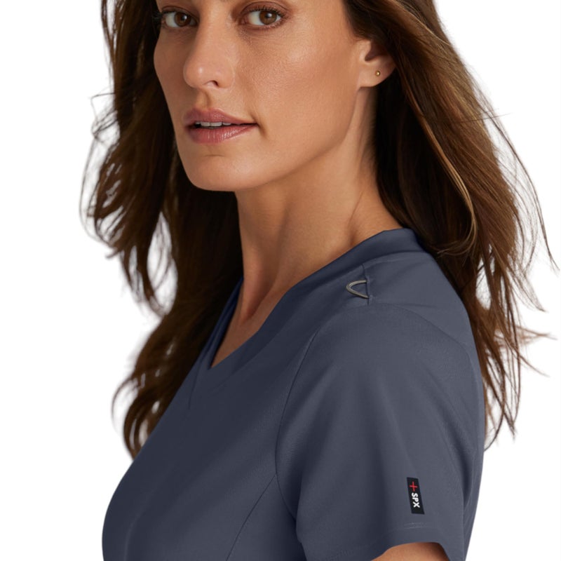 BARCO Greyâ€™s Anatomy Spandex Stretch Direct Bolt Scrub Top for Women â€“ Steel, 3-Pocket V-Neck Shirt w/Spandex Stretch, Wrinkle Release & Soil Release Fabric â€“ Medium, Regular Fit - Image 2
