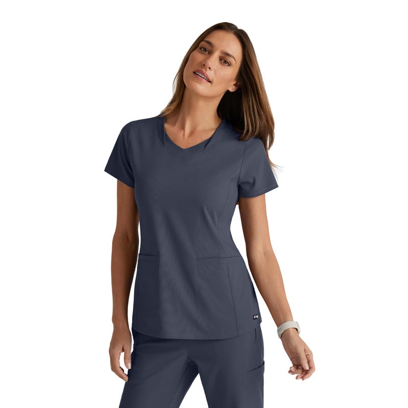 BARCO Greyâ€™s Anatomy Spandex Stretch Direct Bolt Scrub Top for Women â€“ Steel, 3-Pocket V-Neck Shirt w/Spandex Stretch, Wrinkle Release & Soil Release Fabric â€“ Medium, Regular Fit - Image 1