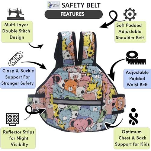 Kradyl Kroft Safety Belt for Kids for Bike Scooty | Kids Safety Belt for Two Wheeler Child Seat (Happy Zoo) | Adjustable Riding Harness with Buckle & Reflective Strips | Multicolor | 1 Count - Image 4