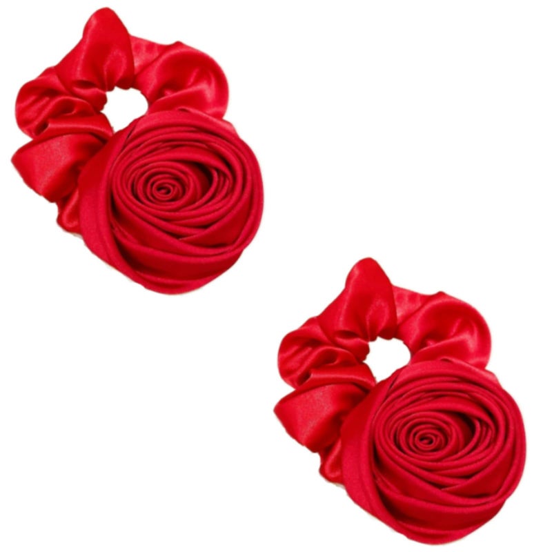 Rosojodg Hair Ties 2Pcs Red Wine Vintage Rose Flower Silk Satin Scrunchies Hair Band Ponytail Holders Hair Accessories for Women Girls