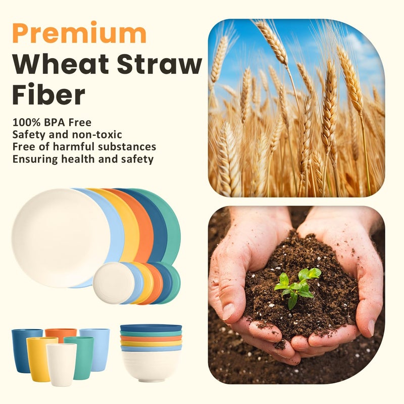 Homienly Unbreakable Wheat Straw Dinnerware Set - Plastic Plates and Bowls Sets Alternative, 24-Piece Dishes Set for Apartment, RV, Party, Microwave and Dishwasher Safe Plates, Bowls, Cups(Multi) - Image 3