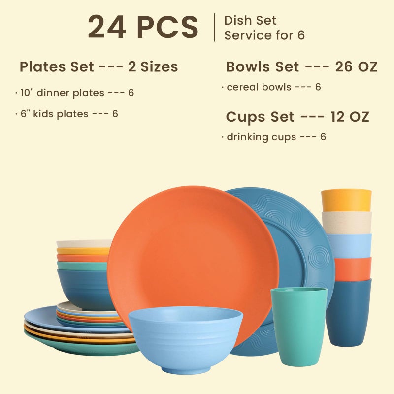 Homienly Unbreakable Wheat Straw Dinnerware Set - Plastic Plates and Bowls Sets Alternative, 24-Piece Dishes Set for Apartment, RV, Party, Microwave and Dishwasher Safe Plates, Bowls, Cups(Multi) - Image 2