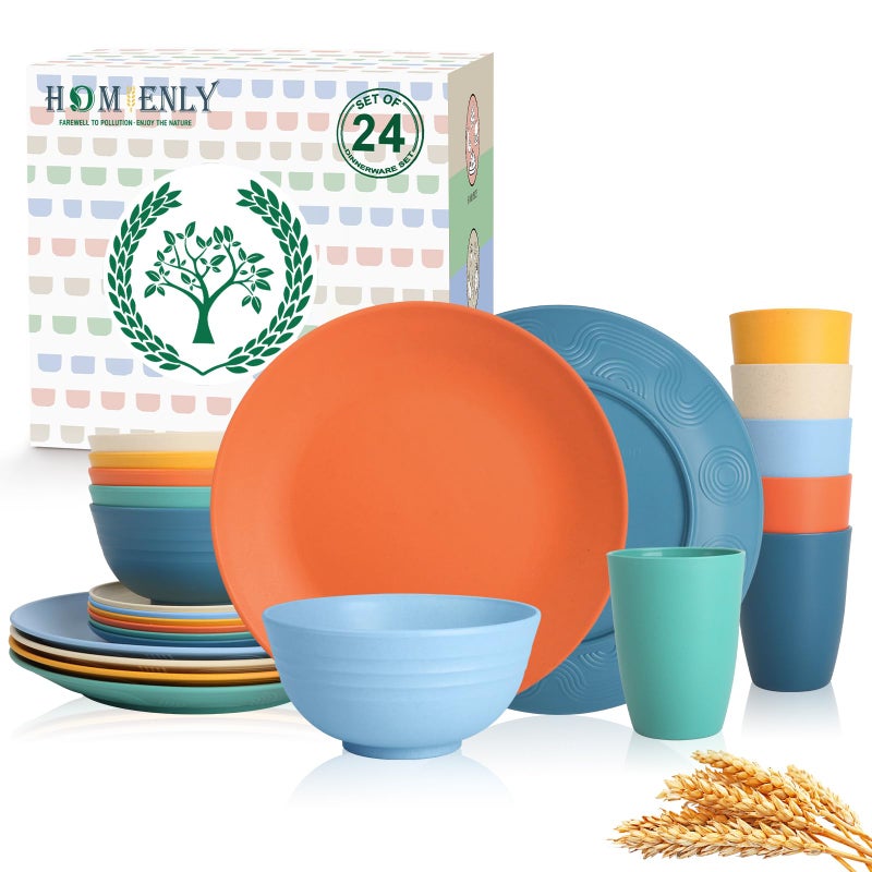 Homienly Unbreakable Wheat Straw Dinnerware Set - Plastic Plates and Bowls Sets Alternative, 24-Piece Dishes Set for Apartment, RV, Party, Microwave and Dishwasher Safe Plates, Bowls, Cups(Multi) - Image 1