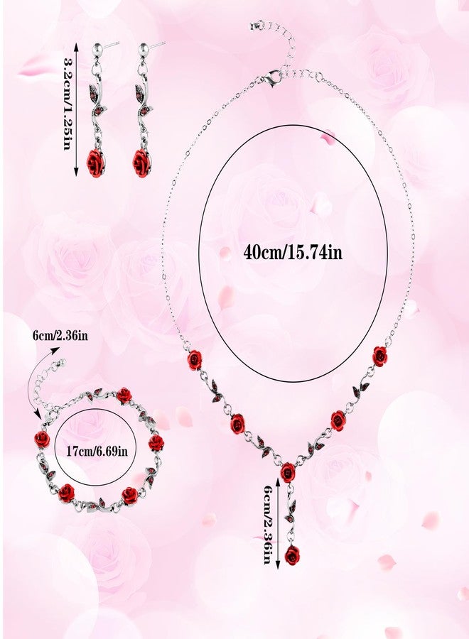 يوليف طقم مجوهرات يوليف ريد روز، قلادة وسوار وأقراط متدلية على شكل زهرة ورد رائعة، طقم مجوهرات للنساء لحفلات الزفاف (ذهب أبيض) - Image 2