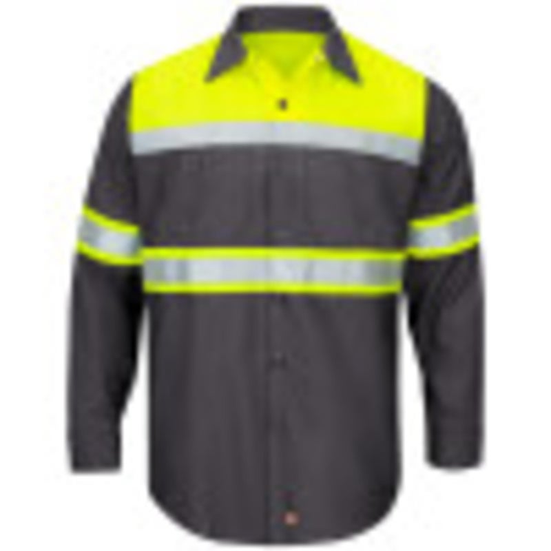 Red Kap Mens HiVis LS Colorblock Ripstop Work ShirtType O Class 1 Fluorescent YellowCharcoal Large