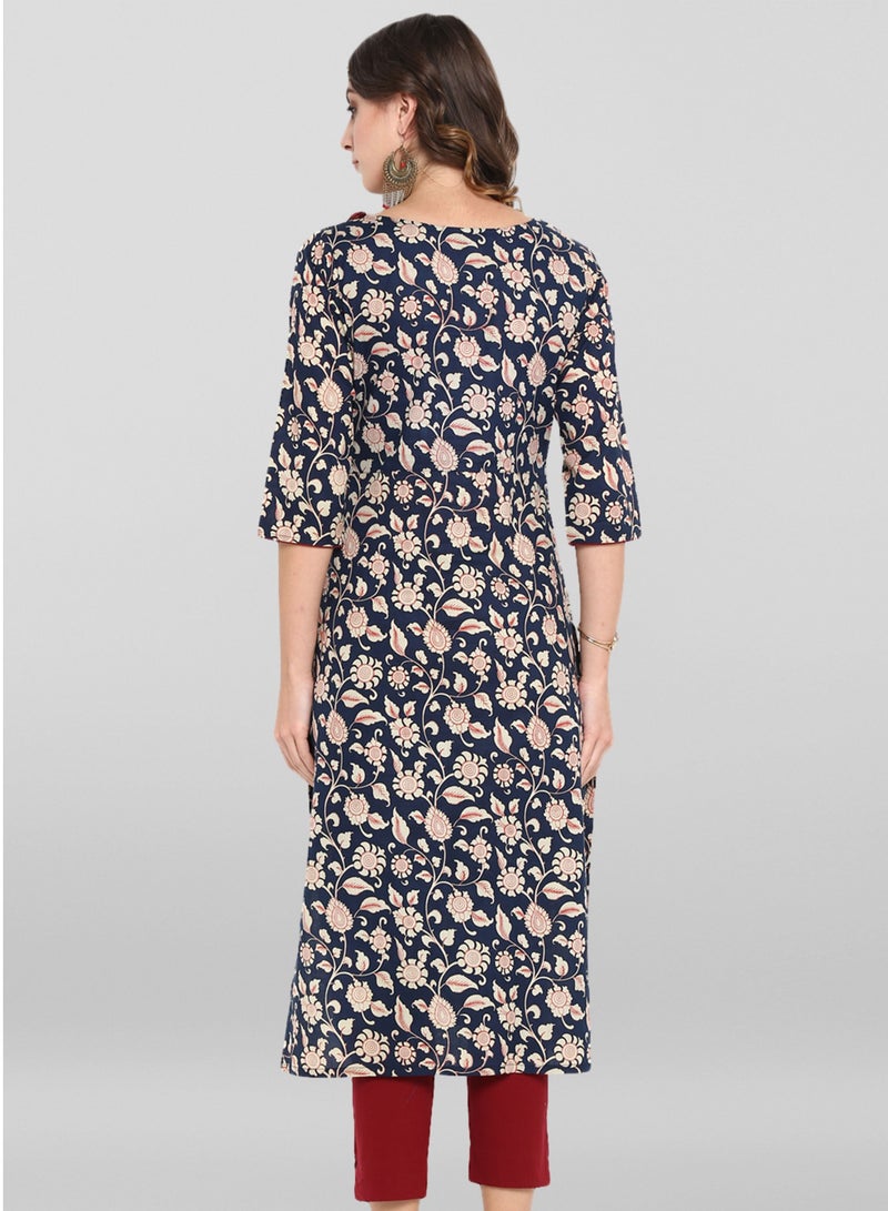 IndHeritage - Premium cotton 2pc kurti set - Dark blue colour cotton women's 2pc kurti / kurta / salwar set with beige floral prints - Maroon pants - Indian Kurti Set IDH00004 - Image 4