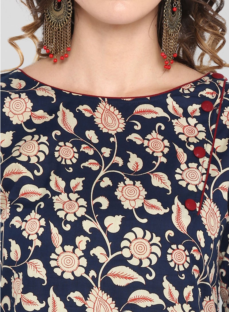 IndHeritage - Premium cotton 2pc kurti set - Dark blue colour cotton women's 2pc kurti / kurta / salwar set with beige floral prints - Maroon pants - Indian Kurti Set IDH00004 - Image 5