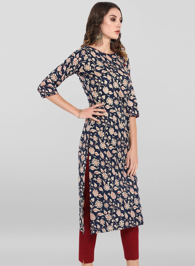 IndHeritage - Premium cotton 2pc kurti set - Dark blue colour cotton women's 2pc kurti / kurta / salwar set with beige floral prints - Maroon pants - Indian Kurti Set IDH00004 - Image 3