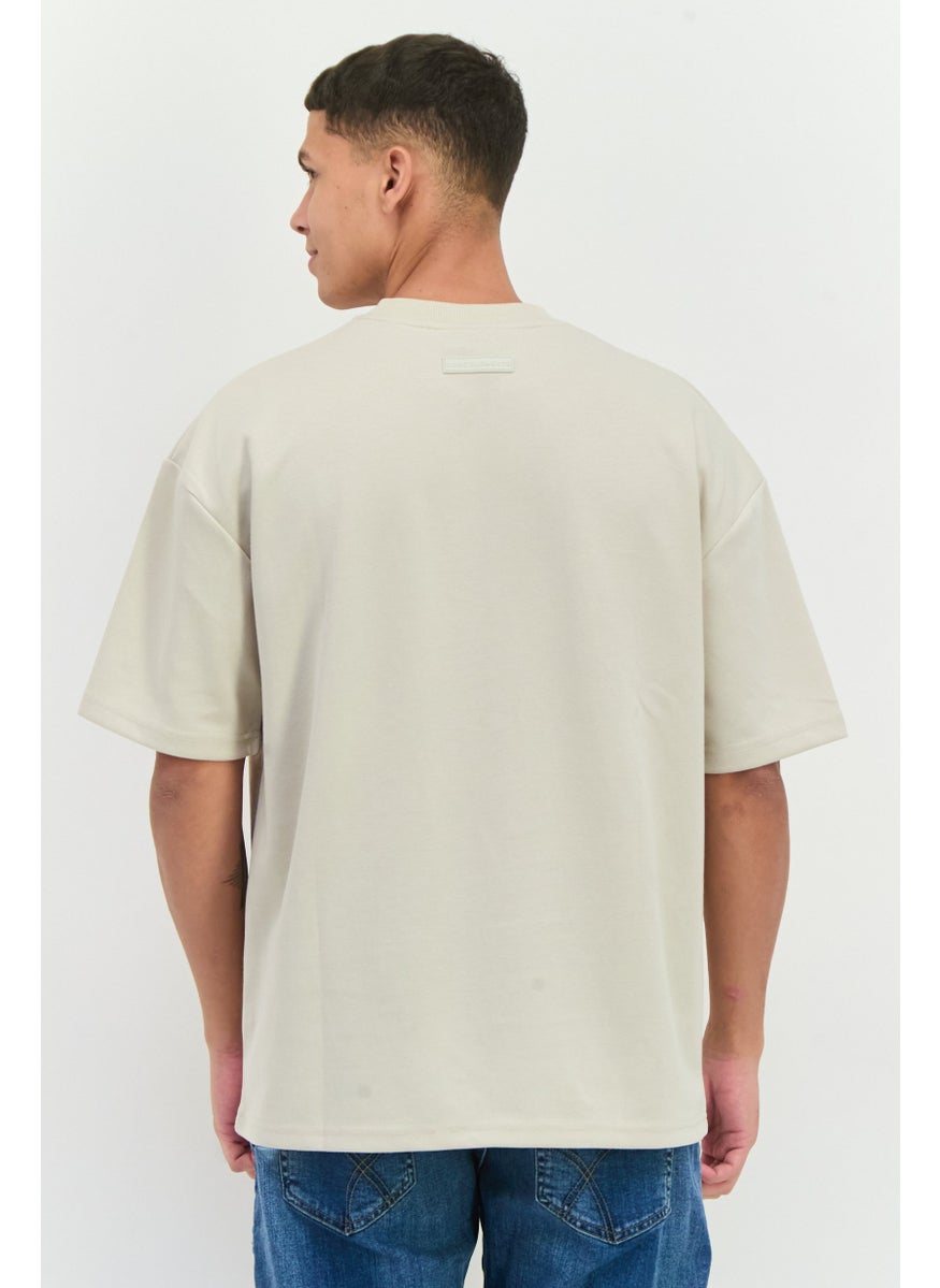 Core Elements Men Crew Neck Short Sleeve Brand Logo T-Shirts, Cream  - Image 3