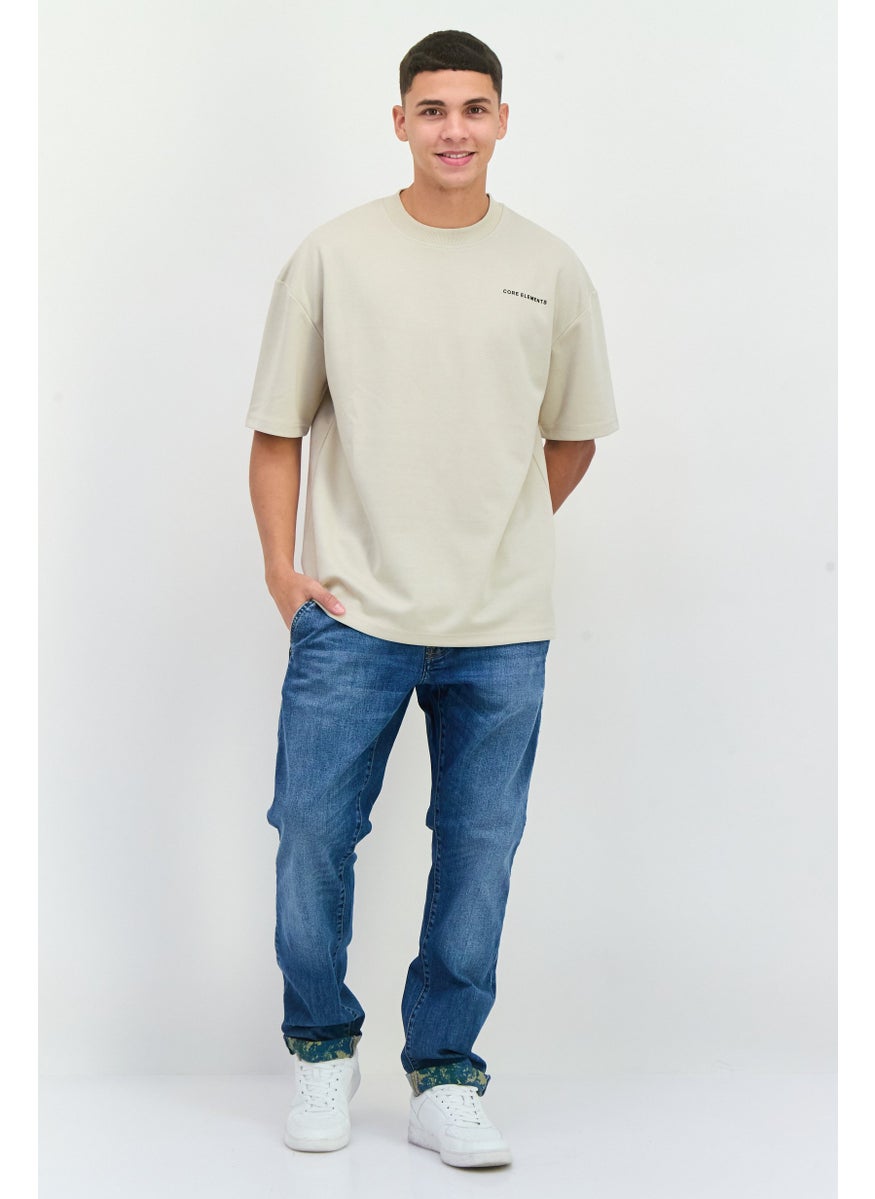 Core Elements Men Crew Neck Short Sleeve Brand Logo T-Shirts, Cream  - Image 4