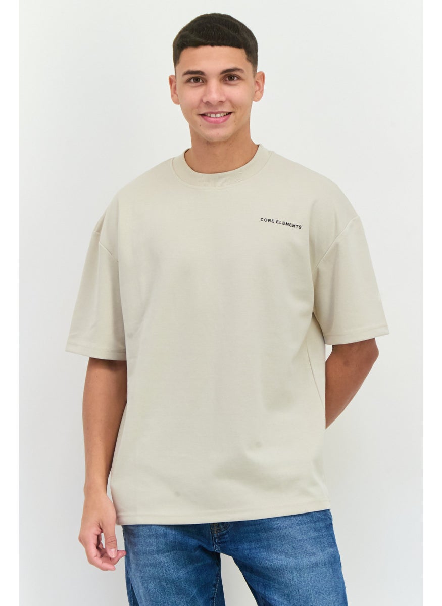 Core Elements Men Crew Neck Short Sleeve Brand Logo T-Shirts, Cream  - Image 1