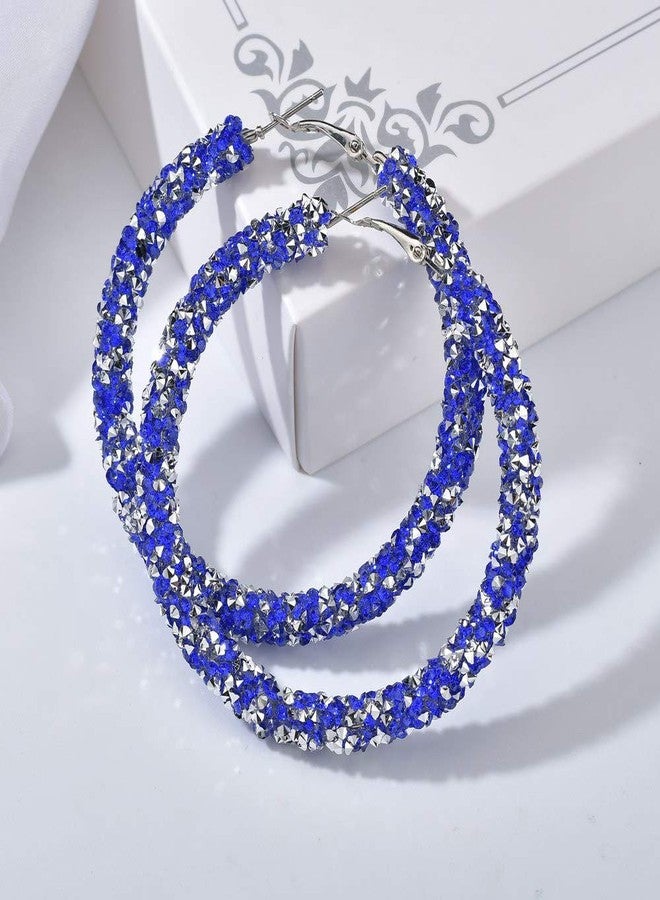 Aimimier Bridal Crystal Hoop Earrings Sparkling Rhinestone Large Round Loop Earrings Crystal Paved Wedding Prom Party Festival Jewelry for Women(Royal blue) - Image 2