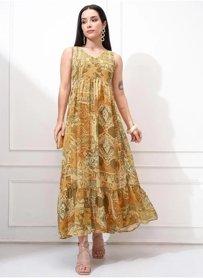 Vishudh Vishudh Women All-Over Printed V Neck A-Line Maxi Dress