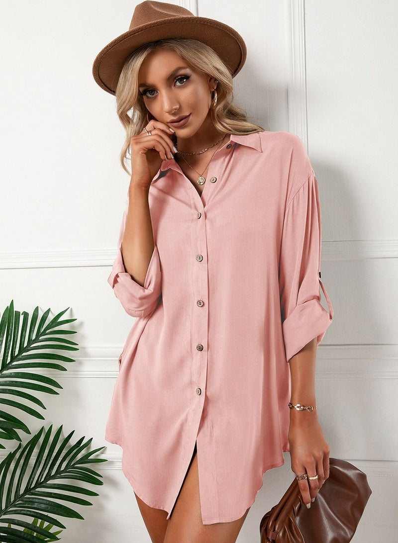 Loquat Casual Loose Single Breasted Shirt Dress Pink - Image 1