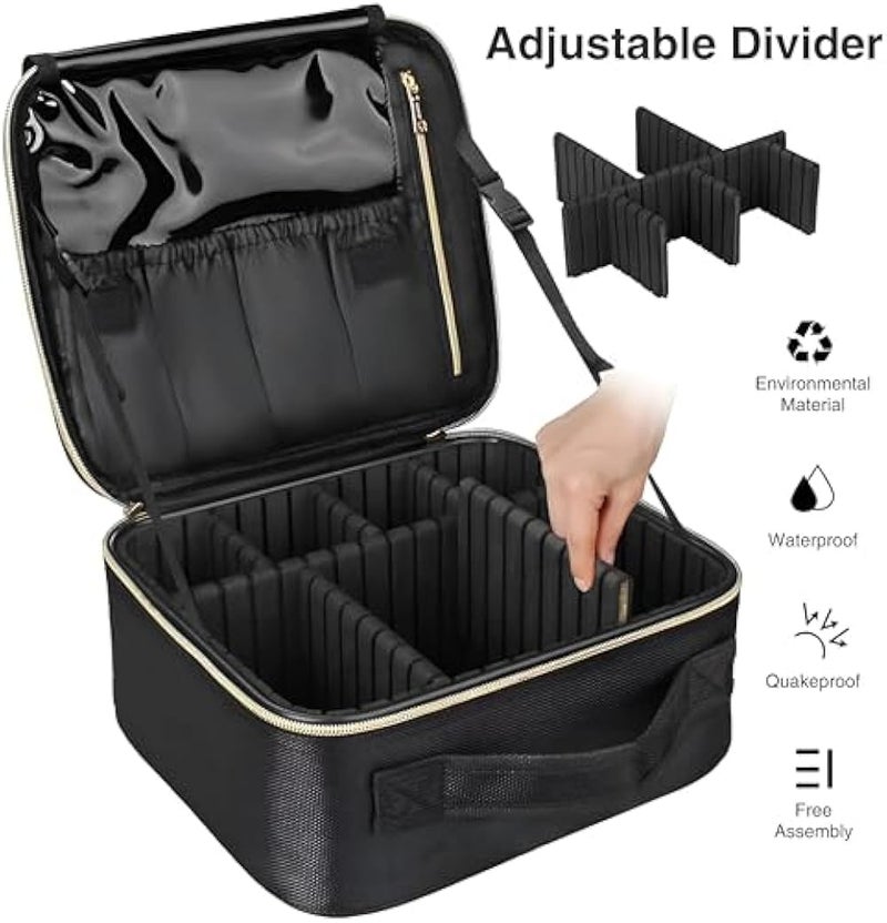 Professional Makeup Case Organiser - Waterproof black cosmetic storage box with adjustable dividers, 26 x 23 x 9 cm, portable travel vanity for women, ideal for makeup artists and on-the-go beauty rou - Image 5