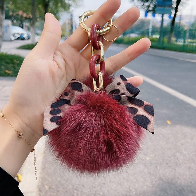 Plush Key Ring  Stuffed Fluffy Faux Pompom Keychain Animals Keyring Charm Leopard Pattern Bowknot Keychain Fox Fur Pompom Keychain for Ladies Girls Women - Image 1
