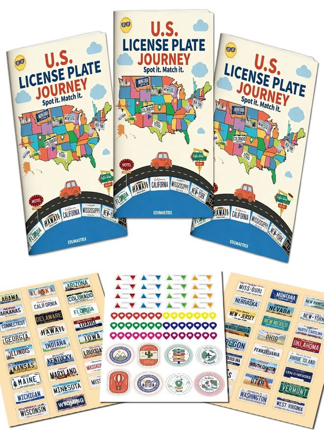 EDUMAETRIX US License Plate Journey Educational Game, State Geography Learning Activity Book with Stickers, Road Trip Matching Game - Image 1