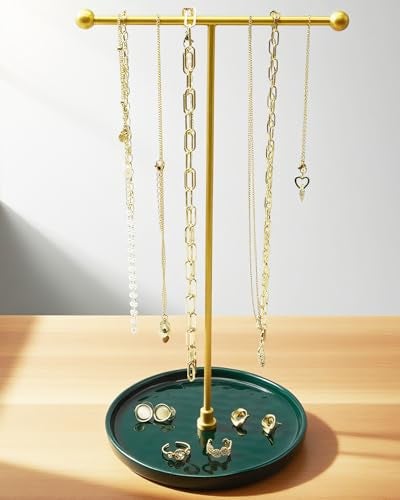 VROOMIUM Necklace Holder Stand - 6in Ceramic Base X 1ft Height, Aesthetic Decor for Bedroom, Jewelry Organizer for Necklace, Bracelets, Rings, Exhibidor de Collares- Elegant Green - Image 1