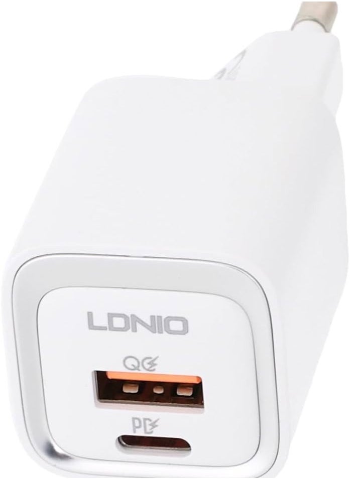 LDNIO - LDNIO A2318C Fast Charging Adapter EU Plug With Cable From Type C To Lightning And USB Type C Ports 20W - White - Image 1