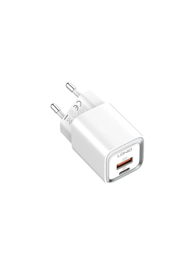 LDNIO - LDNIO A2318C Fast Charging Adapter EU Plug With Cable From Type C To Lightning And USB Type C Ports 20W - White - Image 1
