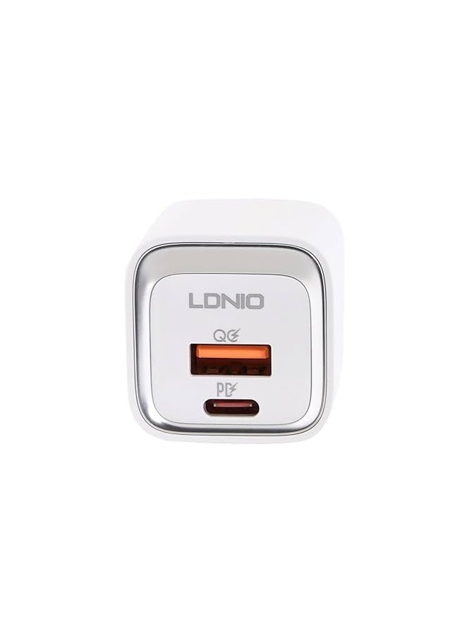LDNIO - LDNIO A2318C Fast Charging Adapter EU Plug With Cable From Type C To Lightning And USB Type C Ports 20W - White - Image 1