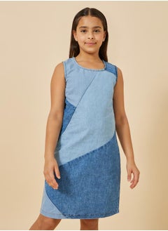 Styli Color Block Panelled Denim A-Line Dress  - Image 2