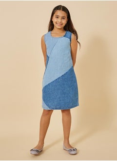 Styli Color Block Panelled Denim A-Line Dress  - Image 1