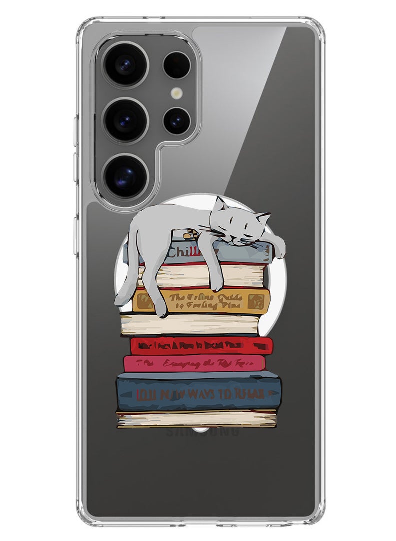 Theodor Magnetic Case for Samsung Galaxy S25 Ultra 6.9-inch Compatible with MagSafe Wireless Charging, Shockproof Phone Bumper Cover Cat on books - Image 1