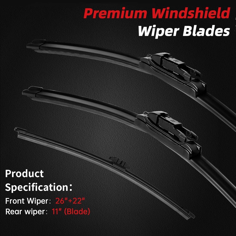 OTUAYAUTO Windshield Wiper Blades - Replacement for Ford Explorer 2011-2019 - Front and Rear Wiper Blades Set, Original Equipment Replacement, Pinch Tab - 26"+22"+11" (Set of 3) - Image 2