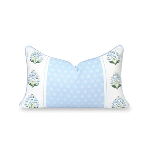 Hofdeco Premium Grandmillennial Coastal Hampton Patio Indoor Outdoor Lumbar Pillow Cover Only 12x20 Water Repellent for Backyard Couch Poolside Blue Green Block Print Striped Lily of the Valley - Image 1