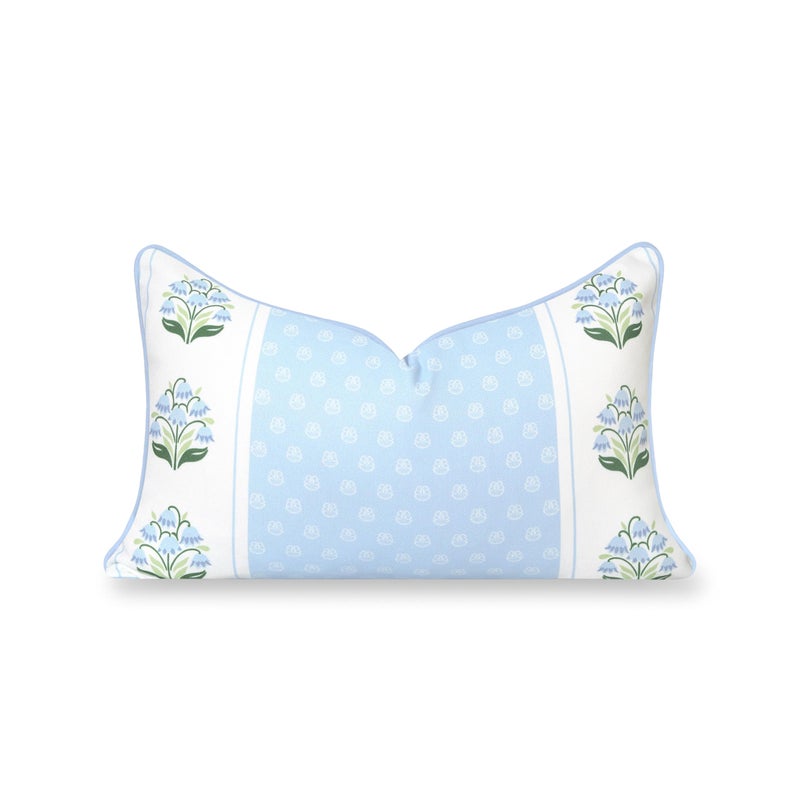 Hofdeco Premium Grandmillennial Coastal Hampton Patio Indoor Outdoor Lumbar Pillow Cover Only 12x20 Water Repellent for Backyard Couch Poolside Blue Green Block Print Striped Lily of the Valley - Image 2