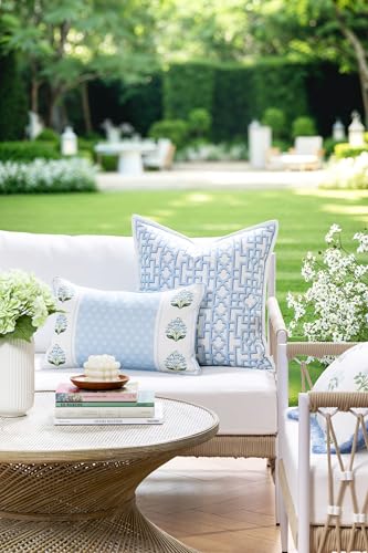Hofdeco Premium Grandmillennial Coastal Hampton Patio Indoor Outdoor Lumbar Pillow Cover Only 12x20 Water Repellent for Backyard Couch Poolside Blue Green Block Print Striped Lily of the Valley - Image 3