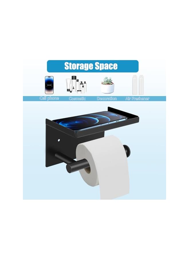 S-TOP Black Toilet Roll Holder, Stainless Steel Toilet Paper Holder with Shelf Self Adhesive Wall Mounted Paper Holder Bathroom Accessories - Image 2