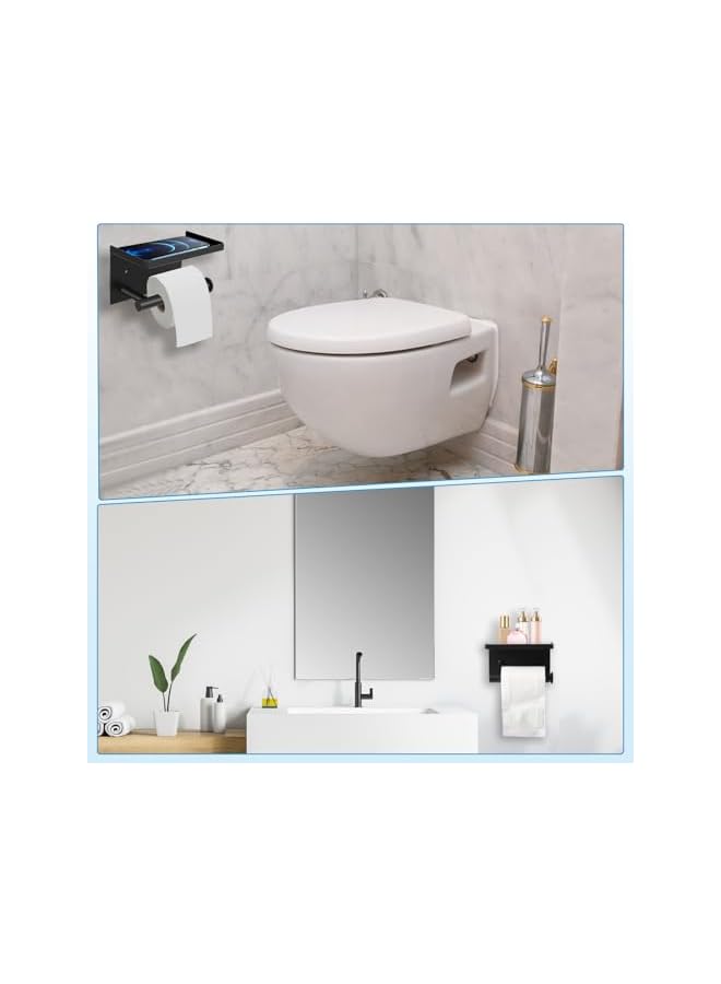 S-TOP Black Toilet Roll Holder, Stainless Steel Toilet Paper Holder with Shelf Self Adhesive Wall Mounted Paper Holder Bathroom Accessories - Image 4