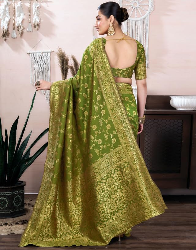 SIRIL Women's Banarasi Silk Saree Pure Silk Saree with Unstitched blouse Piece (4178S582_Olive Green) - Image 4