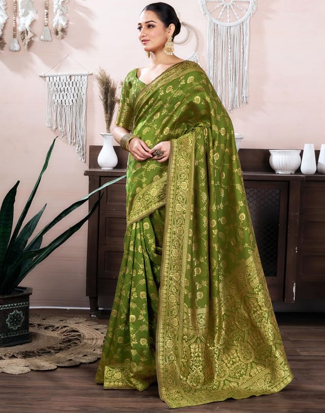 SIRIL Women's Banarasi Silk Saree Pure Silk Saree with Unstitched blouse Piece (4178S582_Olive Green) - Image 2
