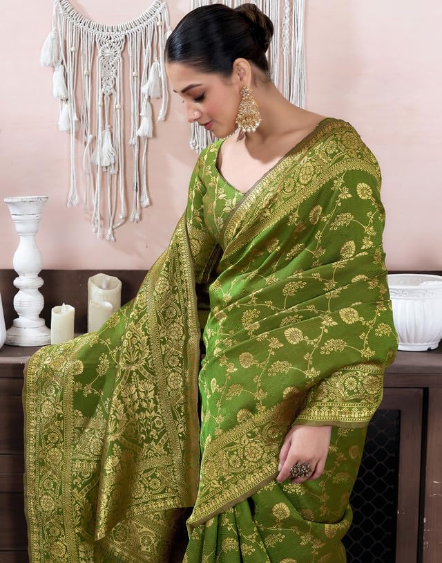 SIRIL Women's Banarasi Silk Saree Pure Silk Saree with Unstitched blouse Piece (4178S582_Olive Green) - Image 5