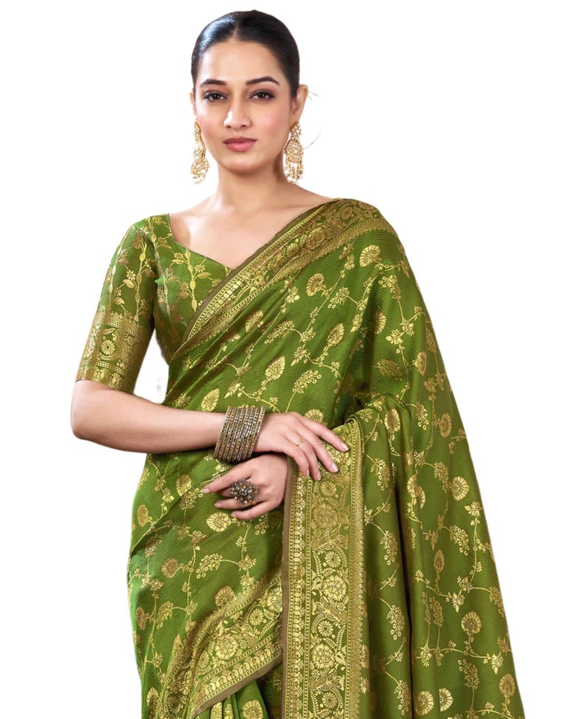 SIRIL Women's Banarasi Silk Saree Pure Silk Saree with Unstitched blouse Piece (4178S582_Olive Green) - Image 1