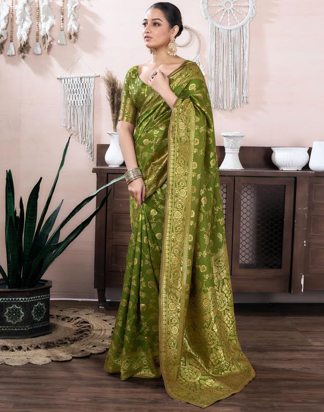 SIRIL Women's Banarasi Silk Saree Pure Silk Saree with Unstitched blouse Piece (4178S582_Olive Green) - Image 3