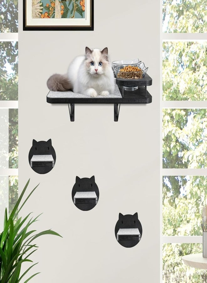 GADKE Cat Wall Shelves Furniture Set with 2 Food Bowls, Wooden Cat Climbing Wall Systems with Scratching Pad and 3 Steps, Floating Shelves Bed Perches Wall Mounted for Indoor Fit Up to 15Lbs (Black) - Image 4