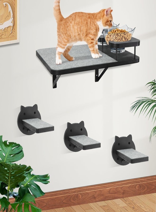 GADKE Cat Wall Shelves Furniture Set with 2 Food Bowls, Wooden Cat Climbing Wall Systems with Scratching Pad and 3 Steps, Floating Shelves Bed Perches Wall Mounted for Indoor Fit Up to 15Lbs (Black) - Image 3