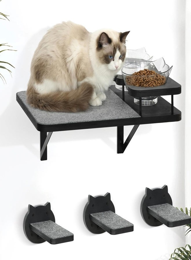 GADKE Cat Wall Shelves Furniture Set with 2 Food Bowls, Wooden Cat Climbing Wall Systems with Scratching Pad and 3 Steps, Floating Shelves Bed Perches Wall Mounted for Indoor Fit Up to 15Lbs (Black) - Image 1